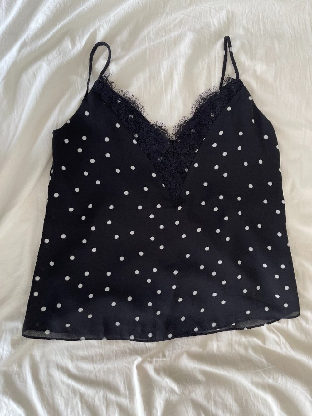 White Polka Dot on Black Lace V Strap Top in Small